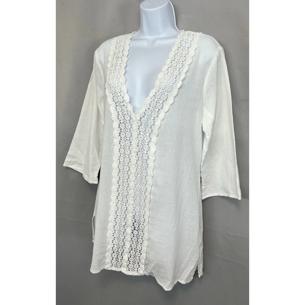 La Blanca Swimsuit Coverup Small Cotton Tunic V-Neck Lace Trim Packable Travel‎